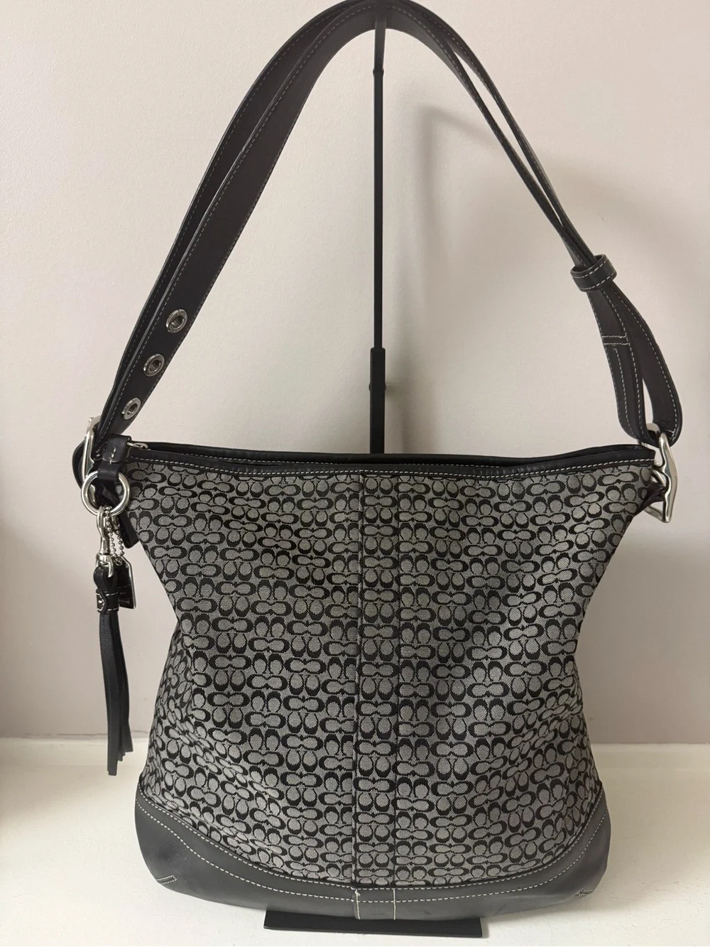 Coach Black and Gray Signature small C HoBo Jacquard Shoulder Bag